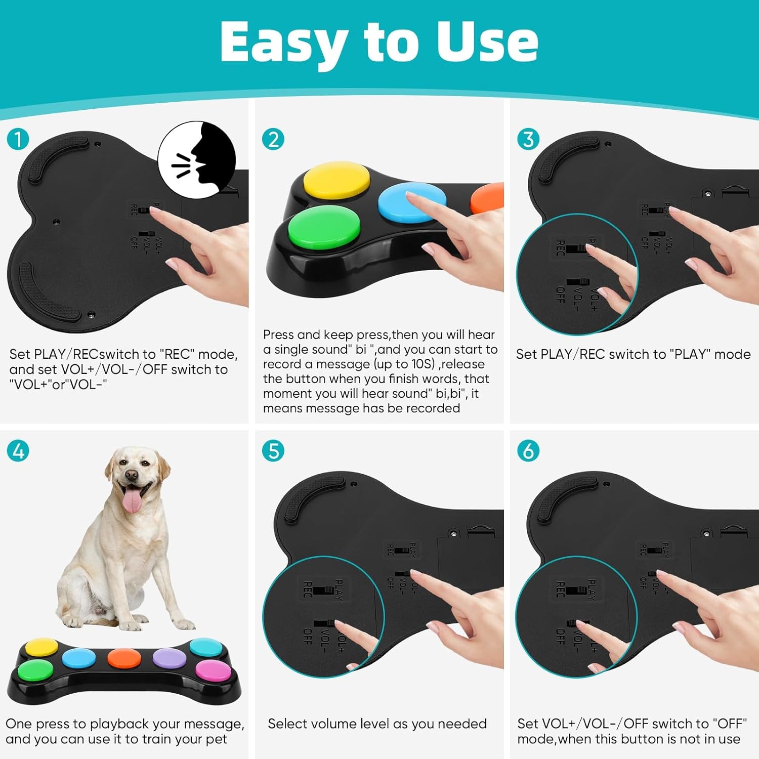 Dog Recordable Training Buttons, Set of 7 Colors, Dog Buttons for Communication, Dog Speech Training Buzzers, Loud Clear Already Recorded Words, Adjustable Volume