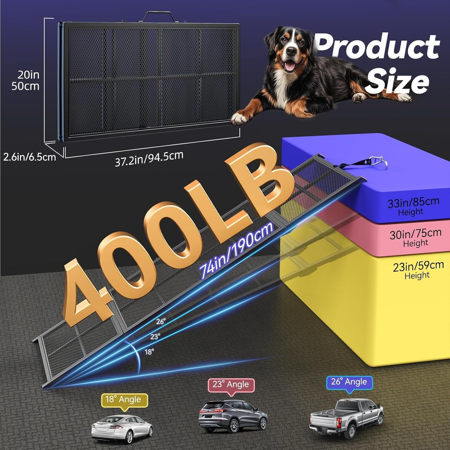 74'' L & 20'' W Portable Dog Ramp for Car - Extra Wide Lightweight Pet Dog Ramps for Medium & Large Dogs with Non-Slip Rug Surface, up to 400LBS, Large Dog Steps Stair Get into a Car Suv/Truck/Rv/Bed